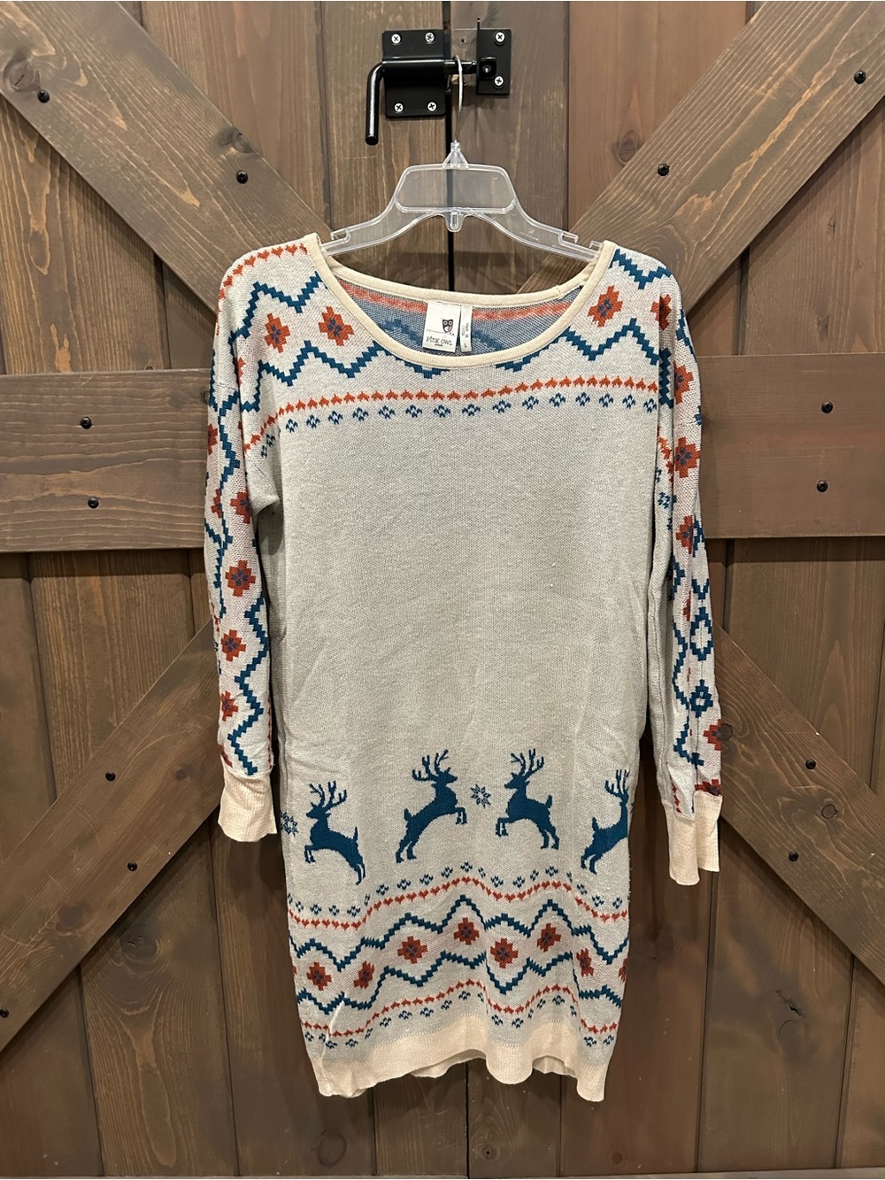 Pink Owl Cream Fair Isle Reindeer Knit Sweater Dress with Teal & Rust Accents